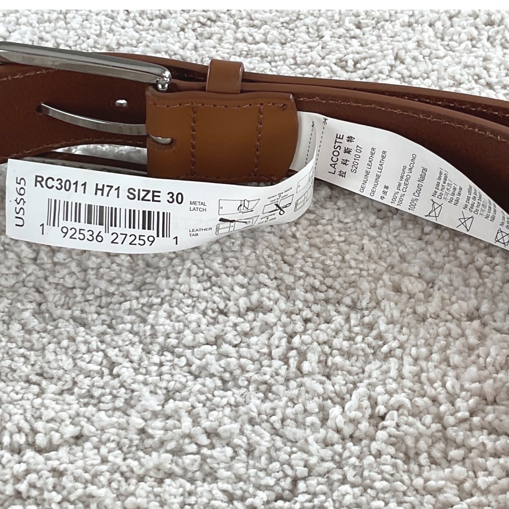 Lacoste Mens RC3011 Tan Brown Genuine Leather Belt Size 30 Crocodile Logo NEW - Picture 5 of 6